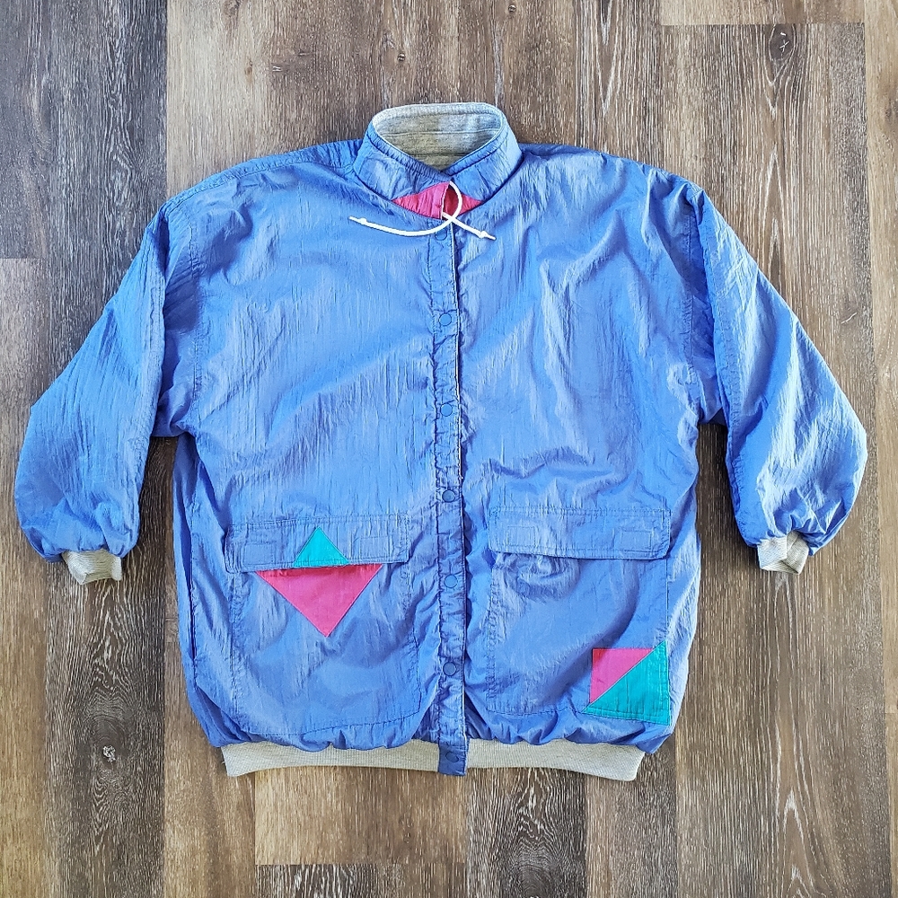 Vintage Reversible Jacket Retro 80s Blue Pink and Grey Large by Current Scene
